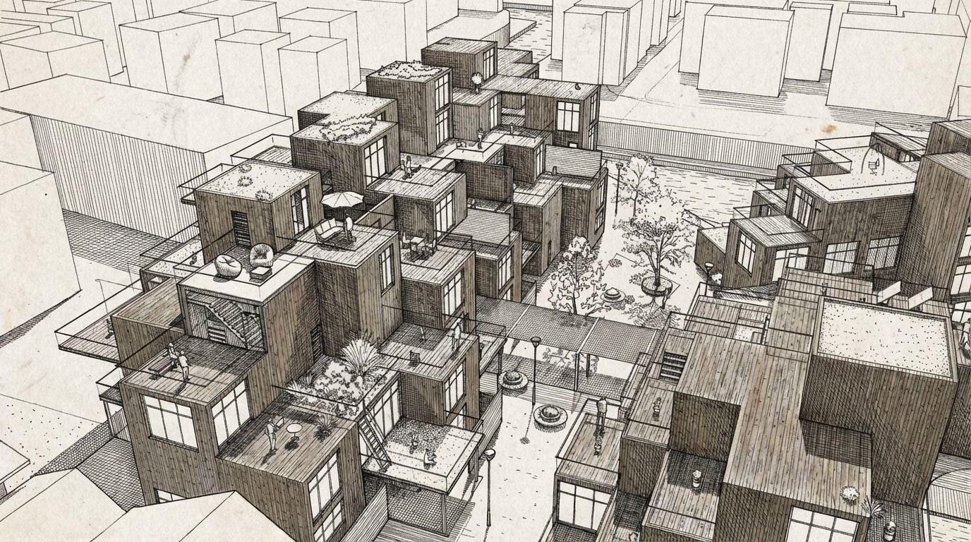 Axonometric sketch — exploring block arrangement and terrace stepping